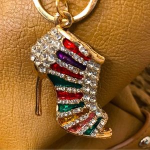High Heel Multi Color- Red Green Silver Rhinestones Gold Purse Charm-Key Chain